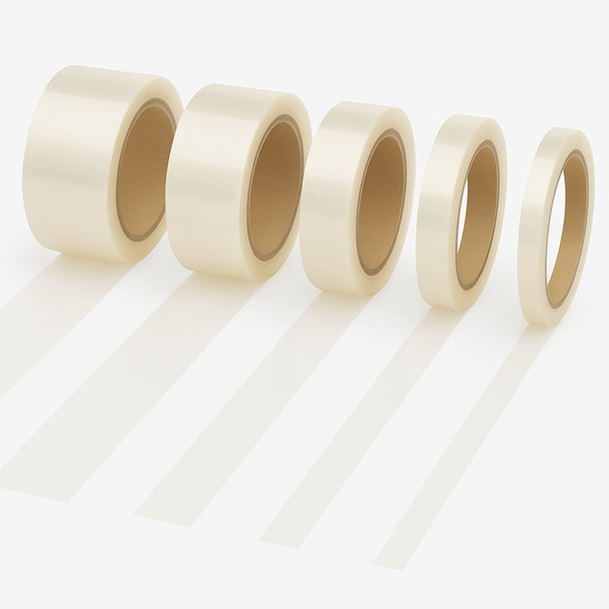 A set of five rolls of transparent BOPP packaging tape, featuring a light beige colour and visible shadows.