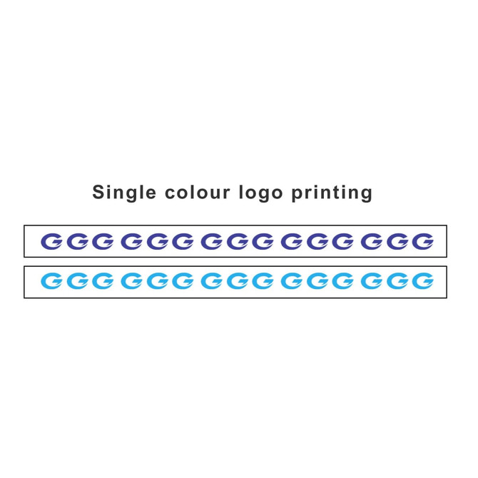 A roll of BOPP white packaging tape featuring repeated single colour logos in blue and purple.