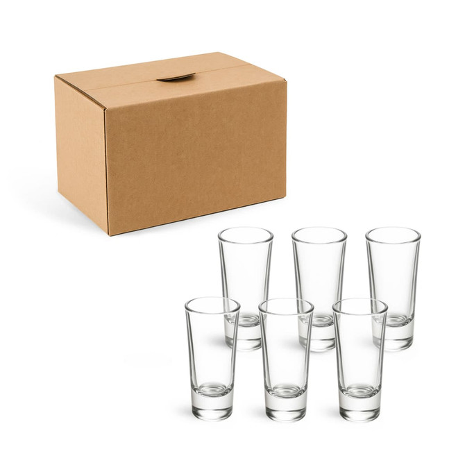 A cardboard box containing six clear glass shot glasses, each with a sleek design.