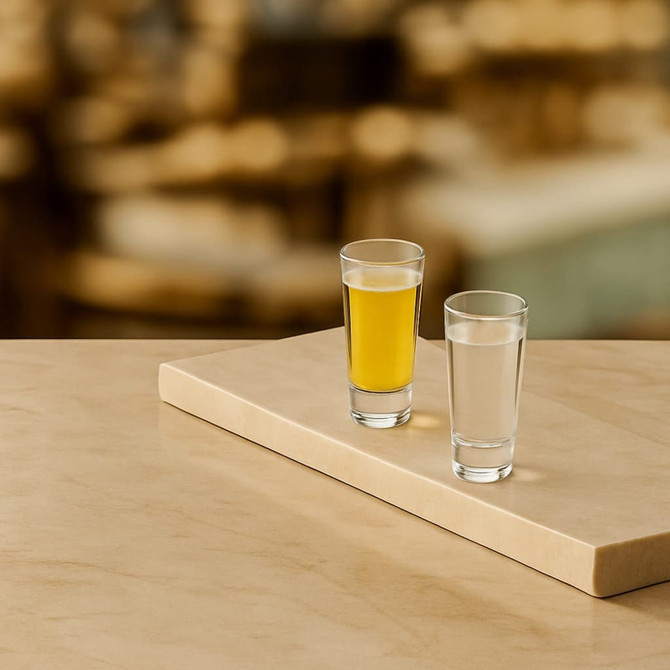 A set of six transparent 60ml shot glasses displayed on a light-coloured surface, featuring a yellow drink and a clear drink.