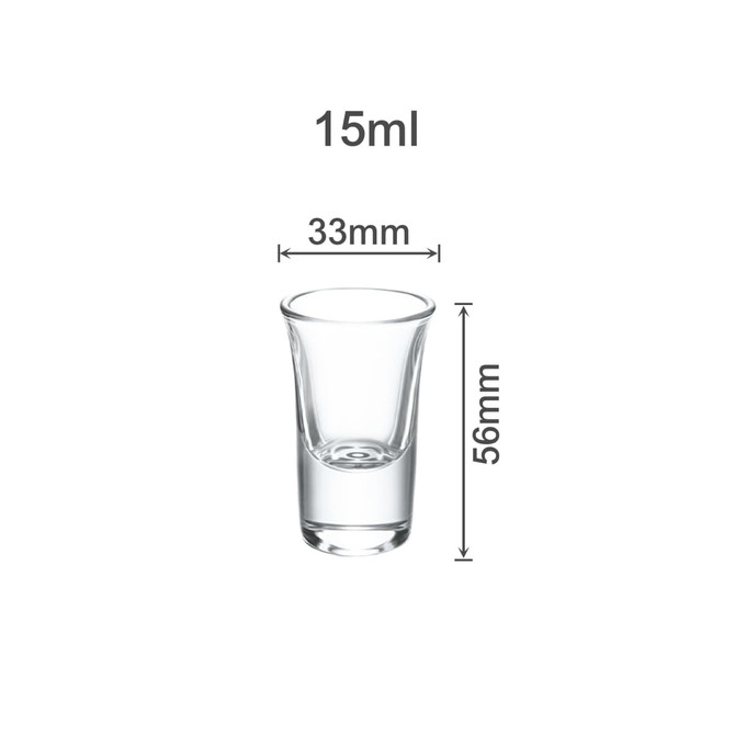 A clear glass shot glass, with a 15ml capacity, measuring 33mm in diameter and 56mm in height, features a logo.