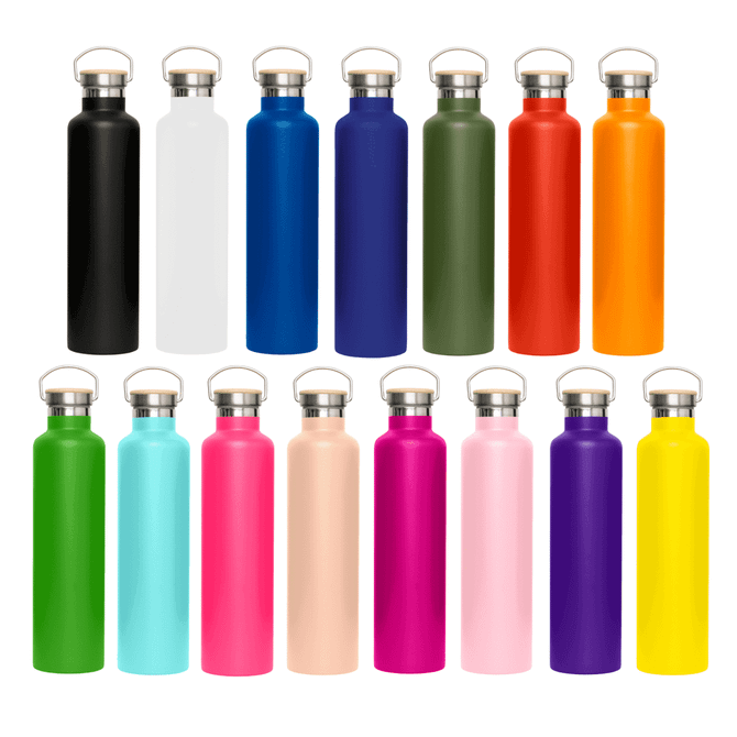 A drink bottle collection featuring various colours, including black, white, blue, green, orange, pink, and purple, with bamboo lids.