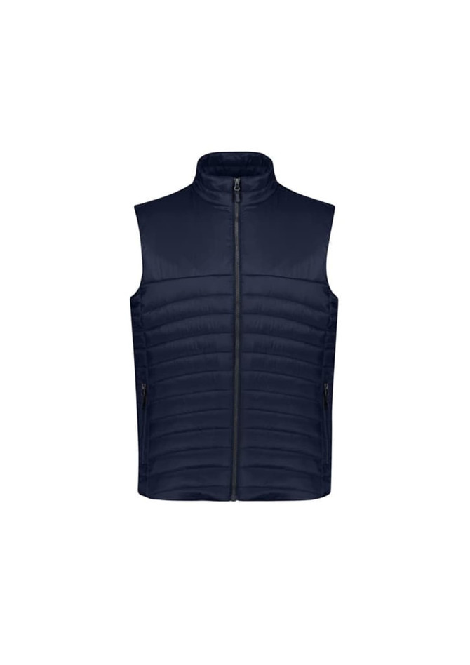 A navy blue men's expedition vest with a high collar and zippered front. It features two side pockets and a branding logo.