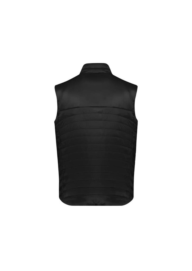 A black men's expedition vest featuring a smooth front and quilted back design. It has a logo on the fabric.