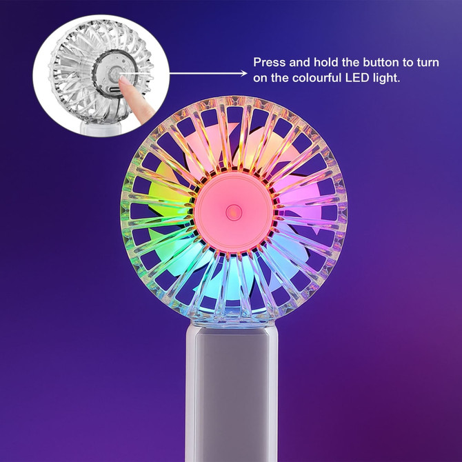A transparent fan featuring a colourful LED light, with a button to activate the illumination. It has a circular design.