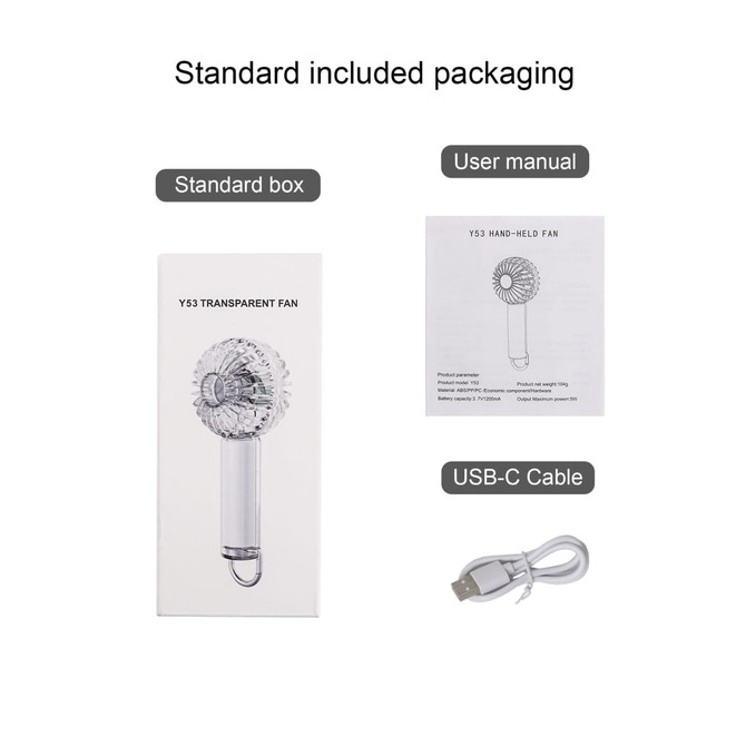 A transparent handheld fan in a standard box, alongside a user manual and a USB-C cable.