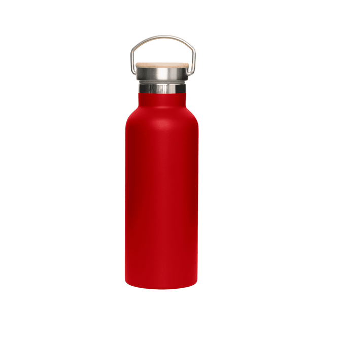 A drink bottle in vibrant red with a stainless steel body and a bamboo lid, featuring a silver handle and branding.