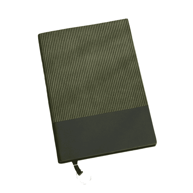 A green Bondi A5 leather notebook with a ribbed texture and a smooth lower section, featuring a zip closure.