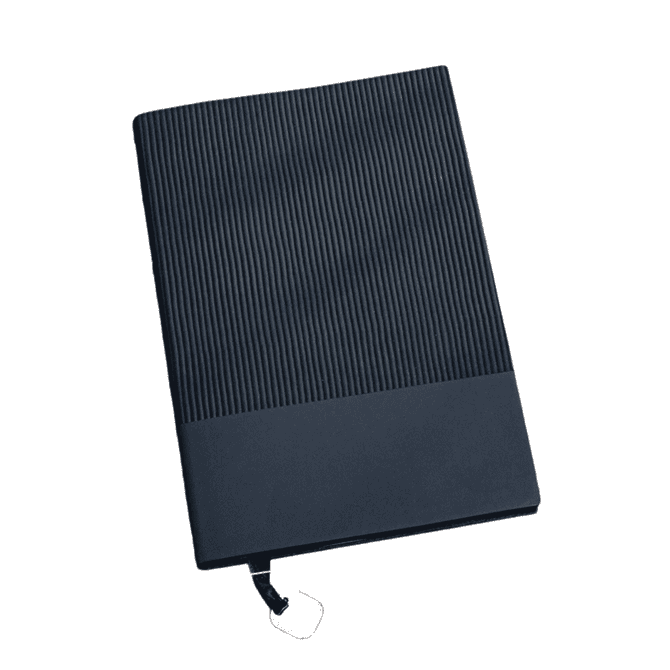 A navy leather notebook with a ribbed texture and a smooth bottom section, featuring an elastic closure.