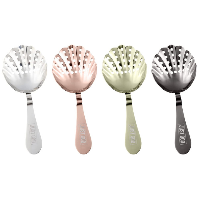 A set of four bar strainers in silver, rose gold, green, and black, featuring a logo on each handle.