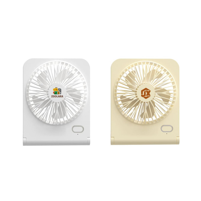 A mini desk fan in white and cream colours, featuring branded logos on both devices.