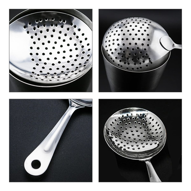 A stainless steel cocktail strainer featuring a long handle and a perforated bowl, displayed from multiple angles.