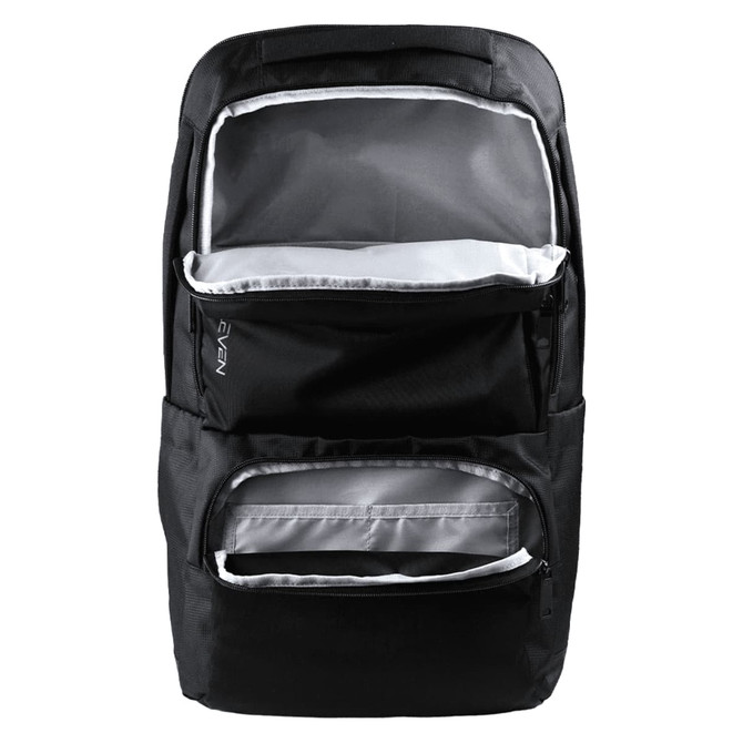 A black backpack with multiple compartments, featuring a zipper closure and a sleek design.