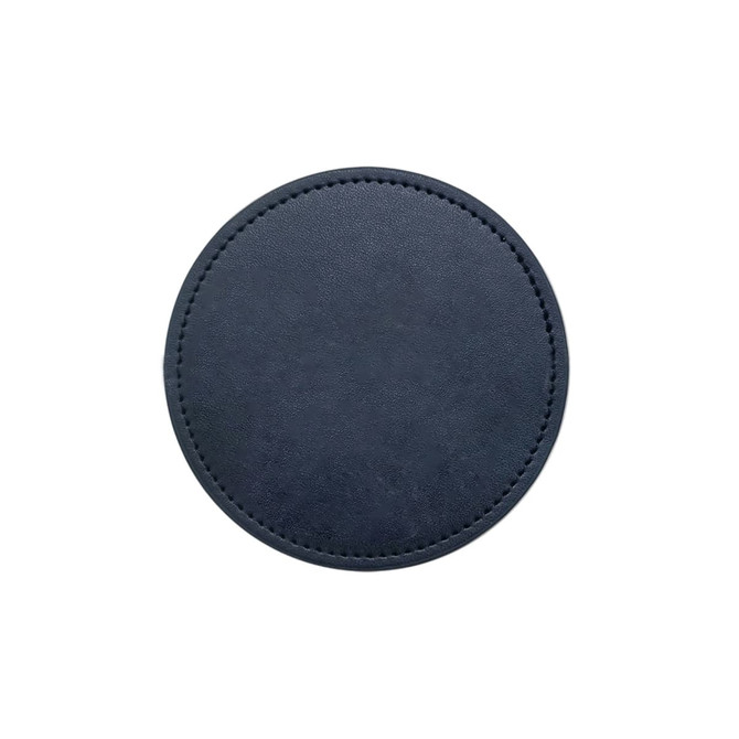 A round PU coaster in navy blue with a stitched edge and a smooth surface, featuring a logo.