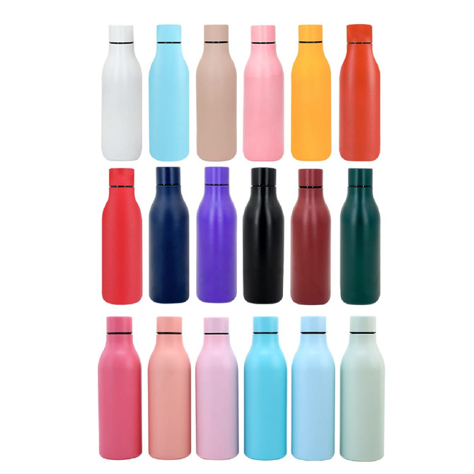 A drink bottle collection featuring various colours including white, blue, pink, orange, red, purple, black, and green.