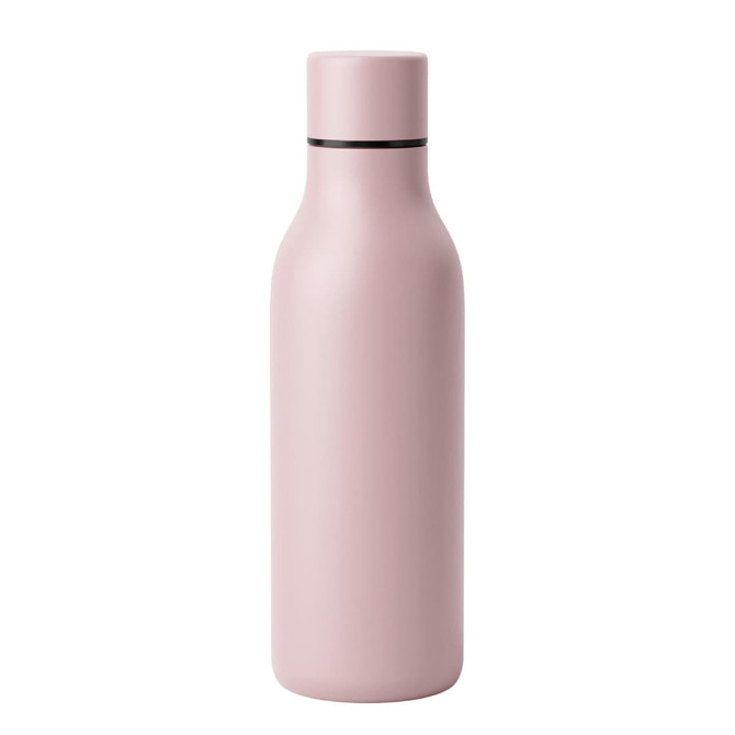 A drink bottle in a soft pink colour with a sleek design and a black band near the top. It features a logo.
