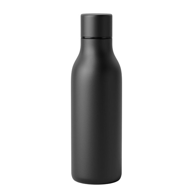 A drink bottle in matte black, featuring a sleek design and a cap. It has a logo on the surface.