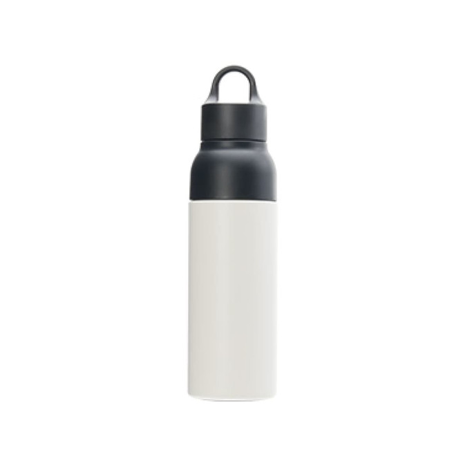 A drink bottle featuring a black lid and a white body, designed as a 500ml eco-friendly vacuum flask.