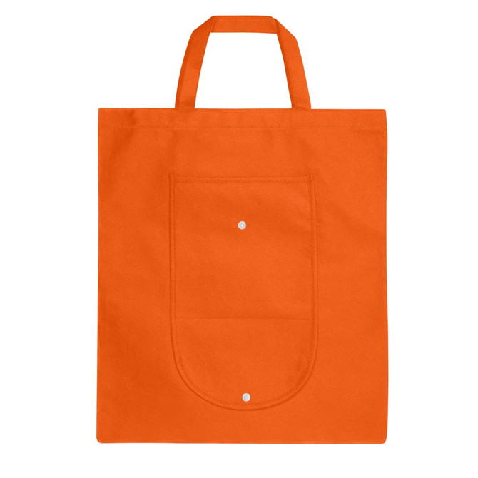 An orange foldable non-woven shopping bag with two handles and a front pocket. It features a logo.