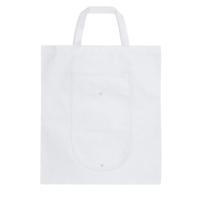 A white foldable non-woven shopping bag with two handles and a front pocket, featuring a logo.