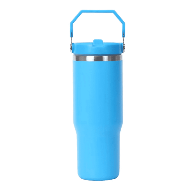 A drink bottle in bright blue with a handle and stainless steel rim. It features a logo on the body.