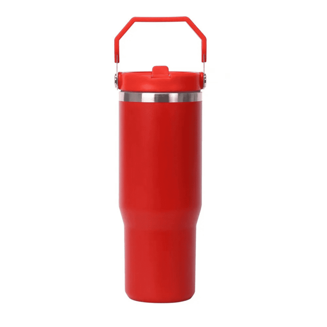 A drink bottle in vibrant red with a stainless steel band and a handle for easy carrying. It has a logo.