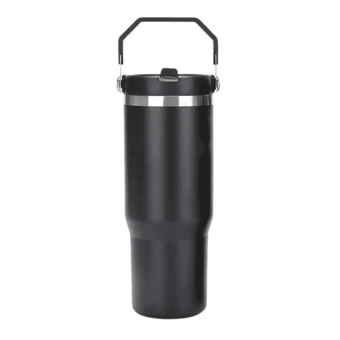 A drink bottle in black with a stainless steel band and a handle. It features a lid for easy access.