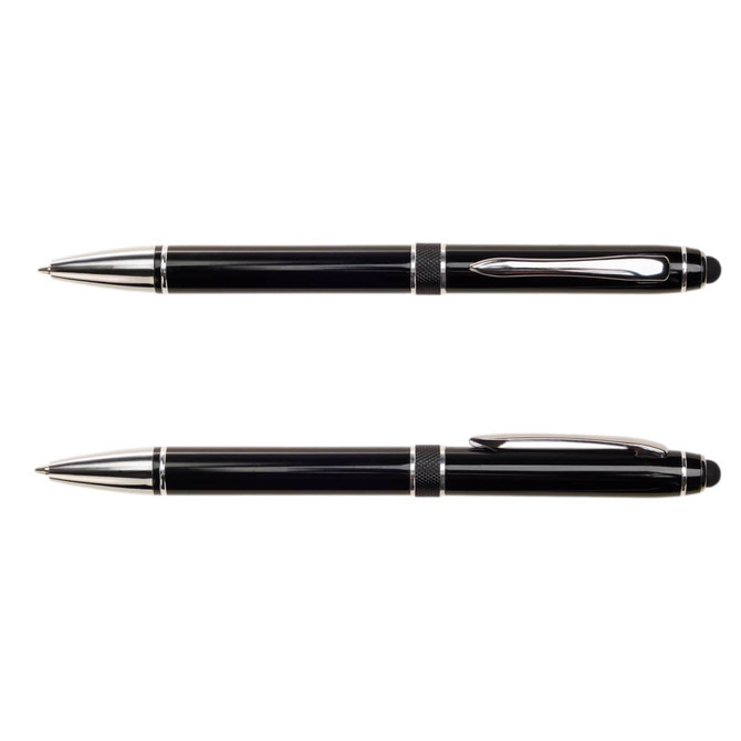 A metal pen set featuring sleek black finishes with silver detailing and a logo.