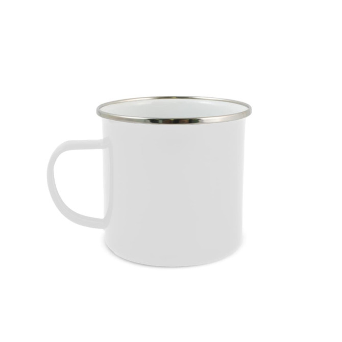 A white mug with a silver rim and a handle, featuring a simple and sleek design.