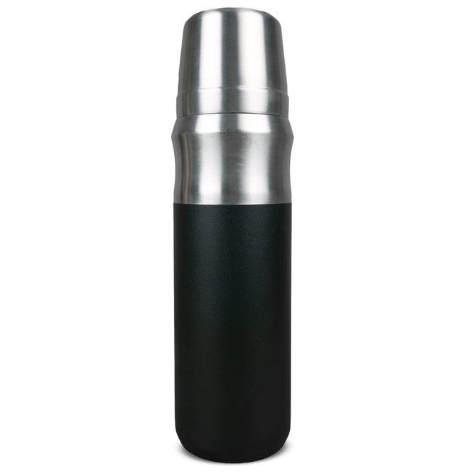 A drink bottle with a silver stainless steel top and a matte black base, featuring a logo.