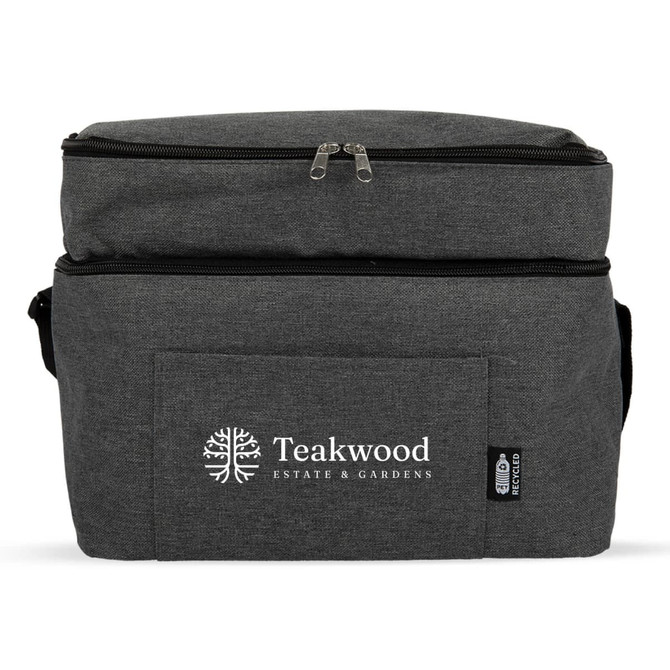 A grey insulated drink cooler with a front pocket and a logo, featuring a zippered top and adjustable strap.