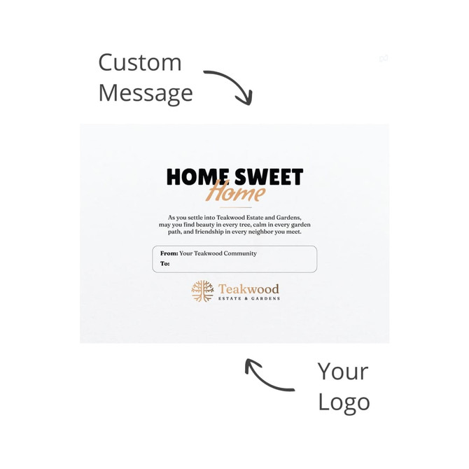 A white card featuring a custom message space, a logo, and a decorative design with the text "Home Sweet Home".