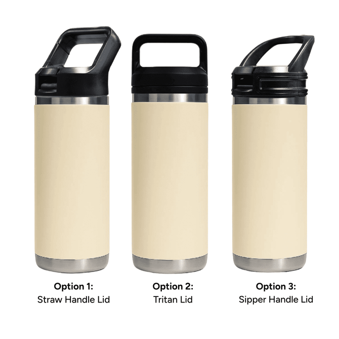 A drink bottle featuring three lid options: straw handle, Tritan, and sip handle, in a cream shade with a stainless steel base.