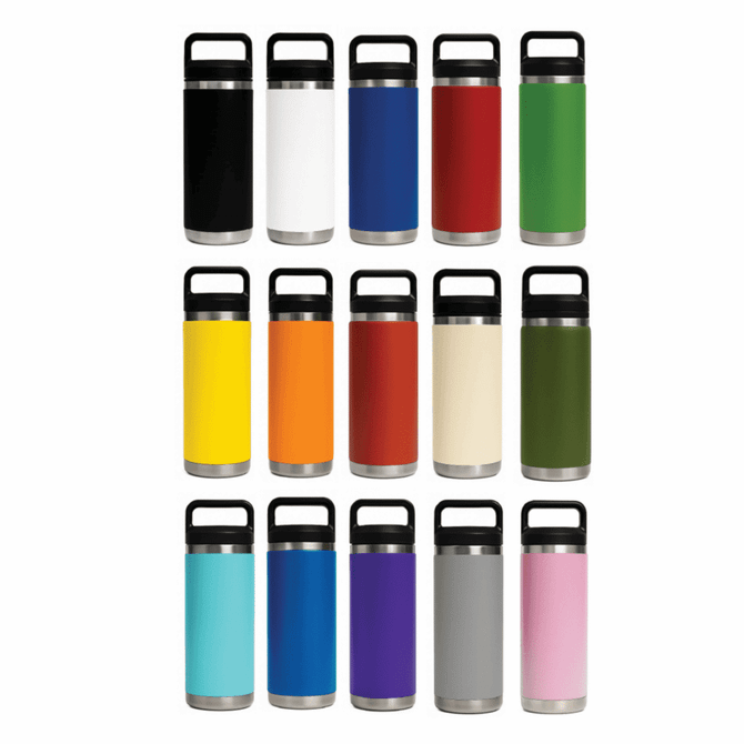 A drink bottle featuring various colours, with three different lid options and a stainless steel base. Each bottle has a logo.