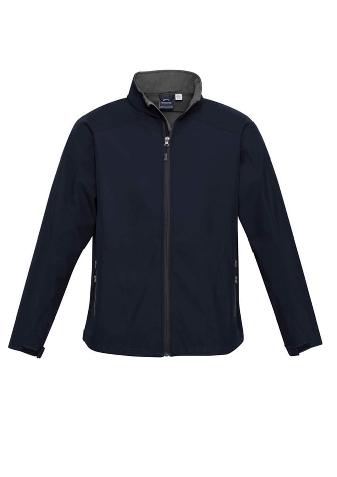 A navy soft shell jacket with a zip front, long sleeves, and side pockets. Features a logo on the chest.