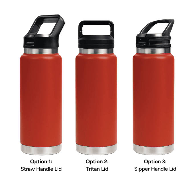 A drink bottle in red with three lid options: straw handle, Tritan lid, and sipper handle. Features a brand logo.