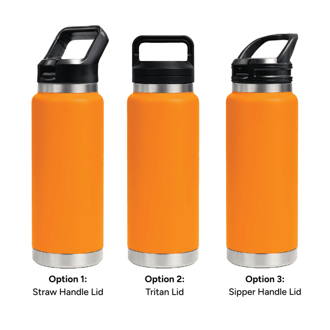 A drink bottle in vivid orange with three different lid options: straw handle, Tritan lid, and sipper handle.