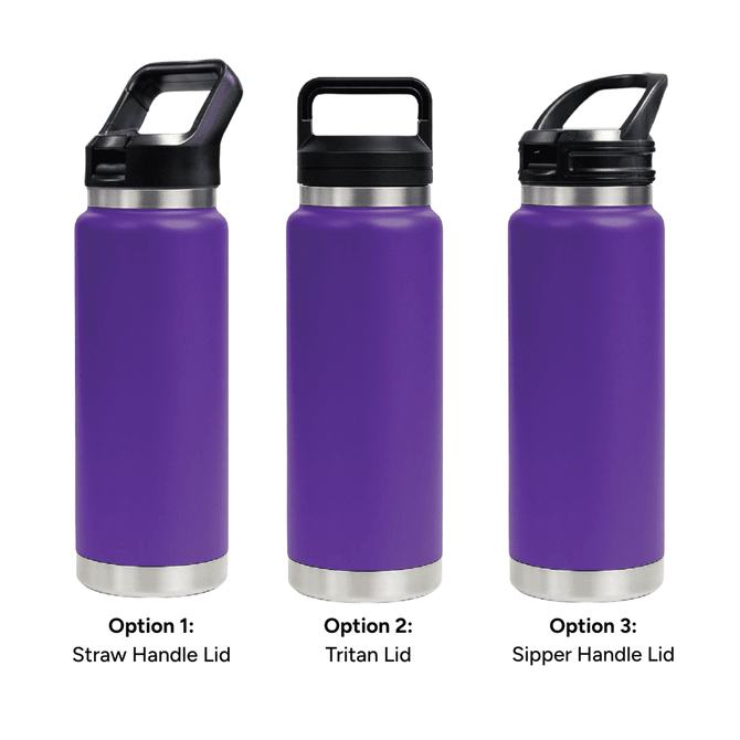 A drink bottle in purple features three lid options: straw handle lid, Tritan lid, and sipper handle lid.