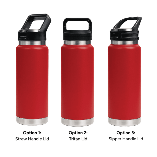 A drink bottle featuring a red body and three lid options: straw handle, Tritan, and sipper handle.