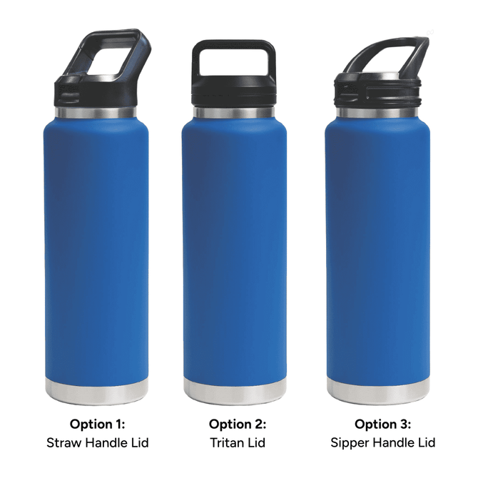 A drink bottle set featuring three blue 1L vacuum bottles with different lid options: straw handle, Tritan, and sipper handle.