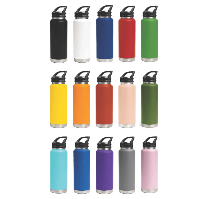 A drink bottle collection featuring various colours, including black, white, red, green, yellow, and purple, with a screw-on lid.