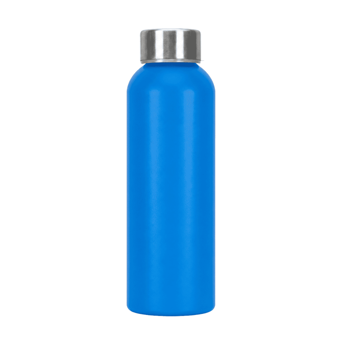 A drink bottle made of recycled aluminium, featuring a bright blue finish and a stainless steel screw-top lid.