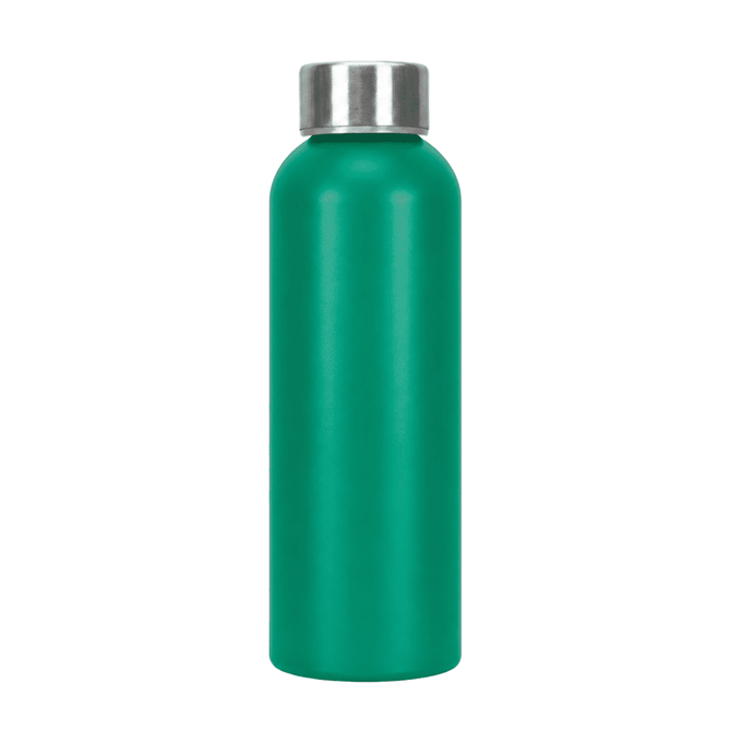A drink bottle in a vibrant teal colour with a silver stainless steel lid and a smooth finish.