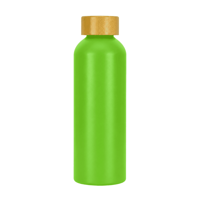 A drink bottle in vibrant green with a wooden lid, featuring a logo on the side.