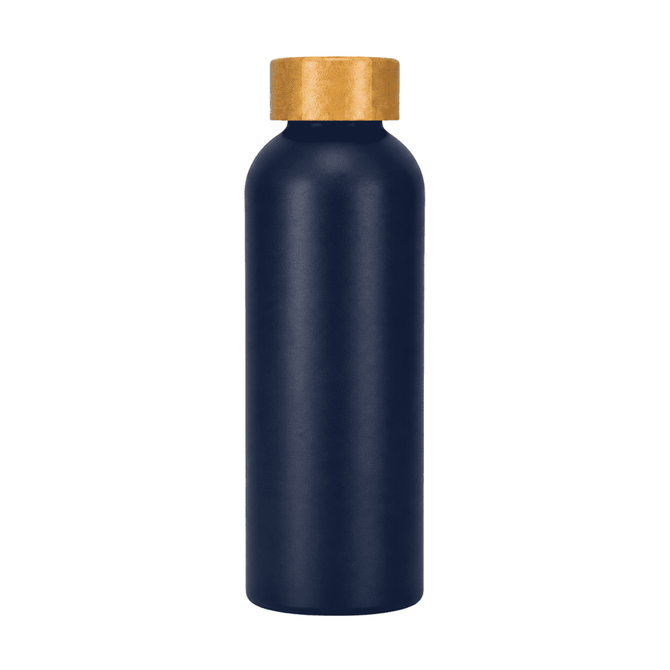 A drink bottle made from recycled aluminium in dark navy with a gold cap and a logo.