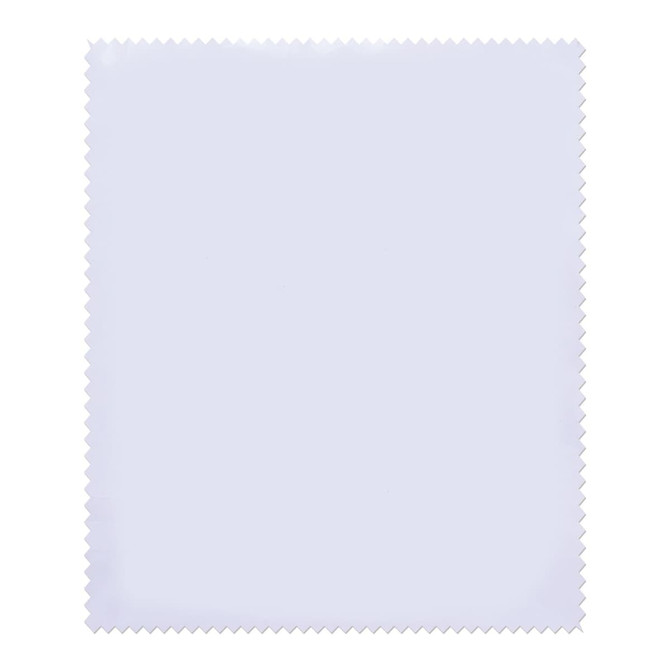 A white biodegradable lens cloth with a zigzag edge, featuring a logo in the corner.