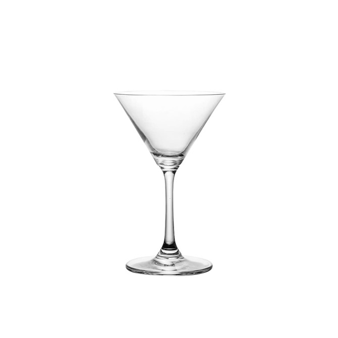 A classic martini glass, clear and elegant, featuring a wide bowl and a sturdy stem. The design is timeless and sophisticated.