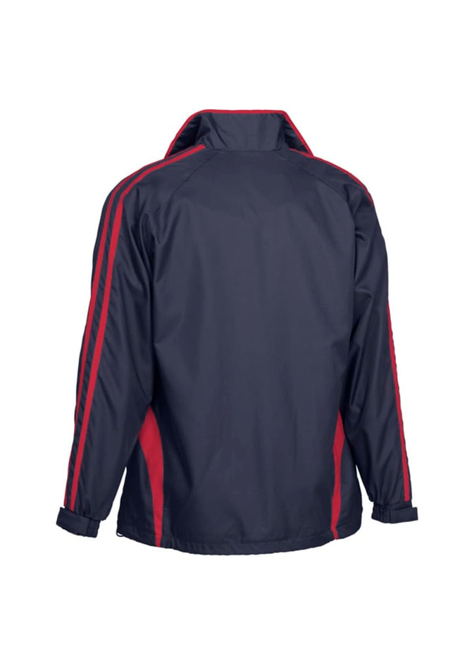 A unisex flash jacket in navy blue with red stripes, featuring a branded logo.