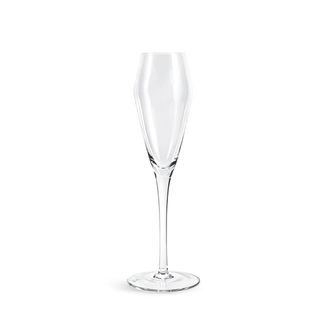 A tulip-shaped champagne glass in clear glass, featuring a slender stem and an elegant design.