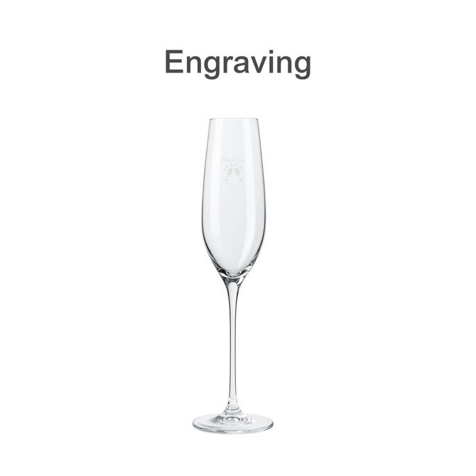 A classic champagne flute made of clear glass, features a tall, slender shape and a fine stem. It includes a logo.